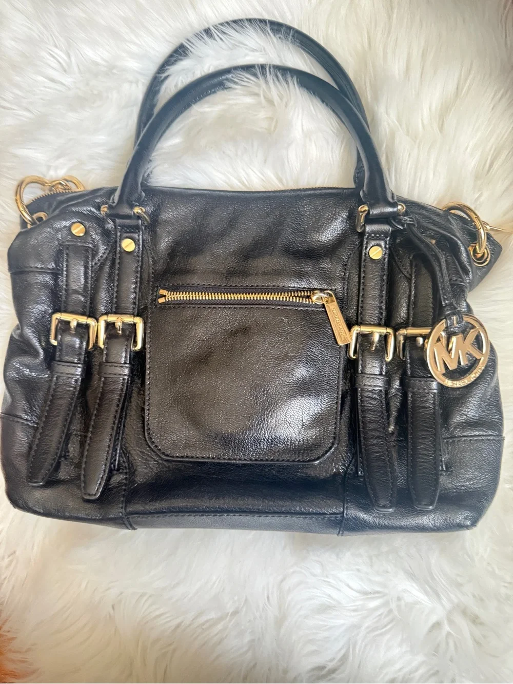 Michael Kors Black Leather Satchel with Gold Accents